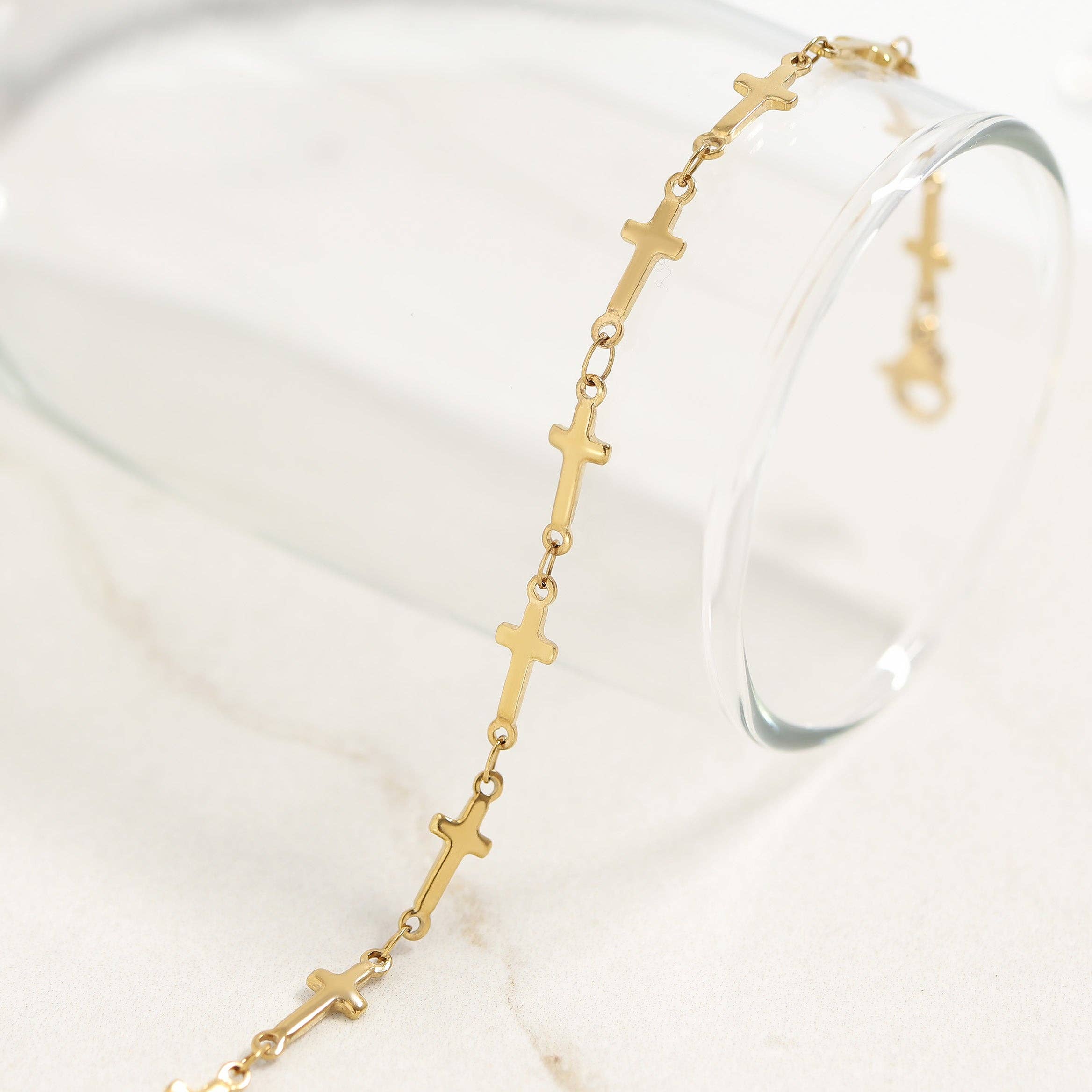 18K Gold PVD Stainless Steel Cross Chain Bracelet: Gold