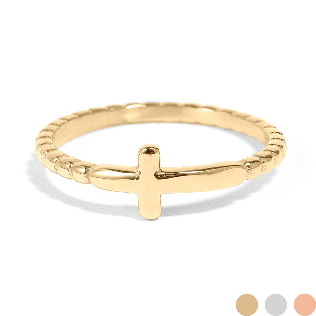 Stainless Steel Beaded Stackable Cross Ring: Gold / 6