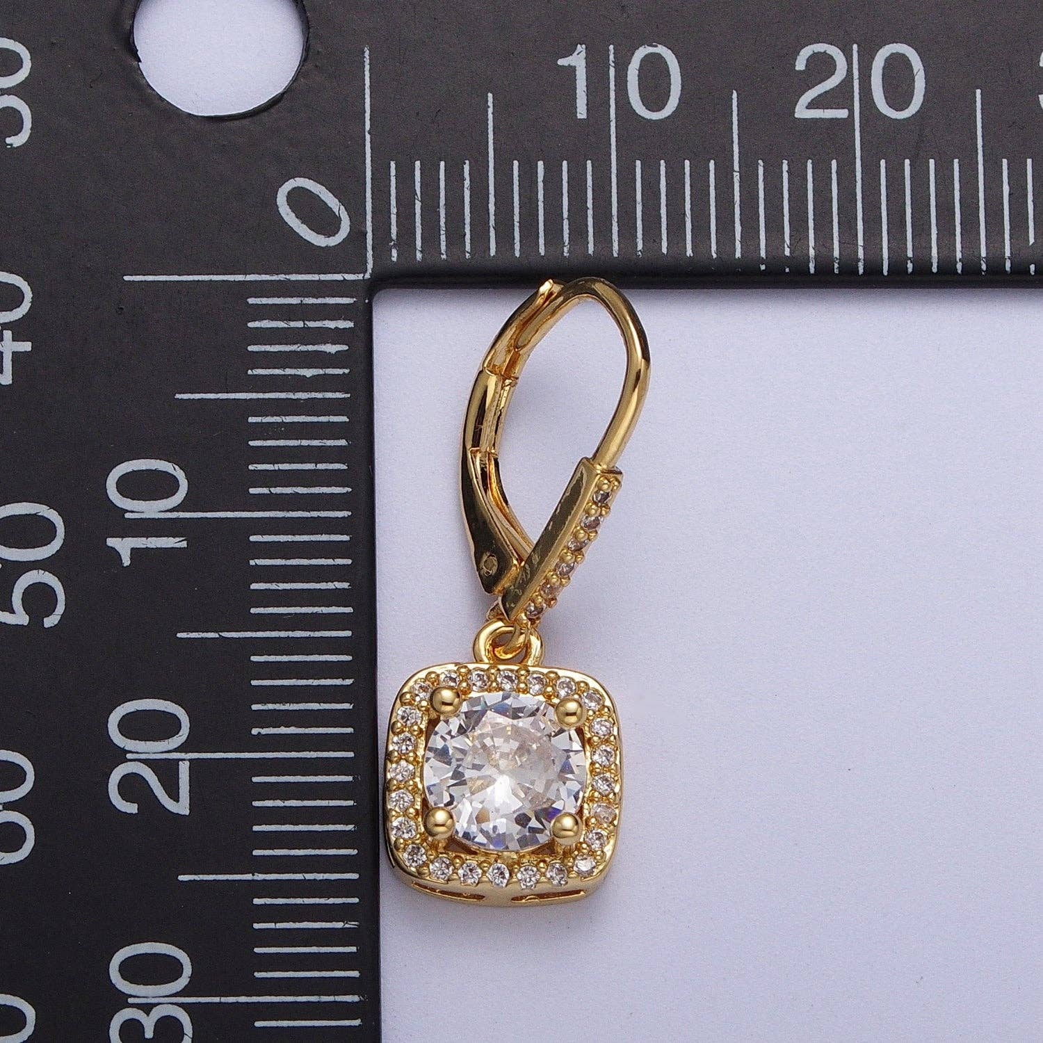 Gold Micro Paved Square Cubic Zirconia Hoop Charm Drop Earrings | Y074
