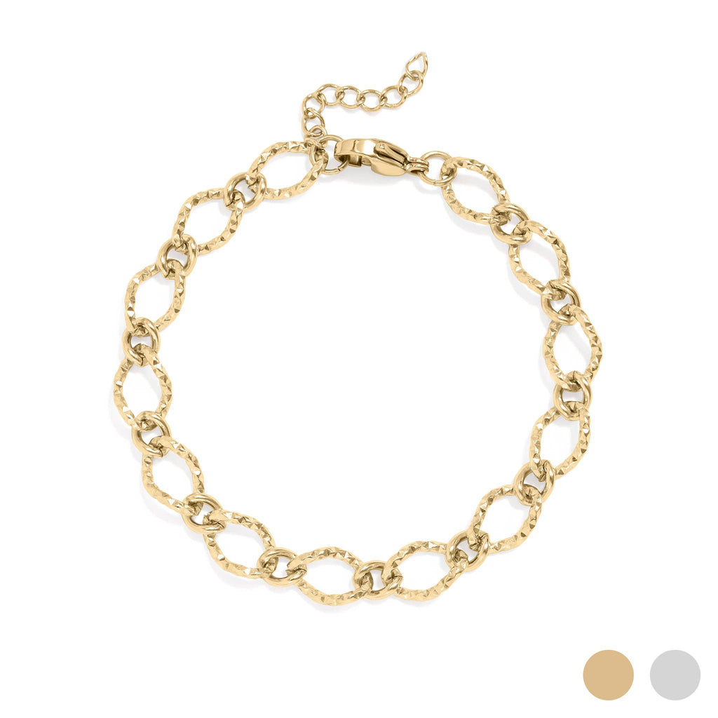 18K Gold PVD Stainless Steel Hammered Oval Chain Bracelet: Gold
