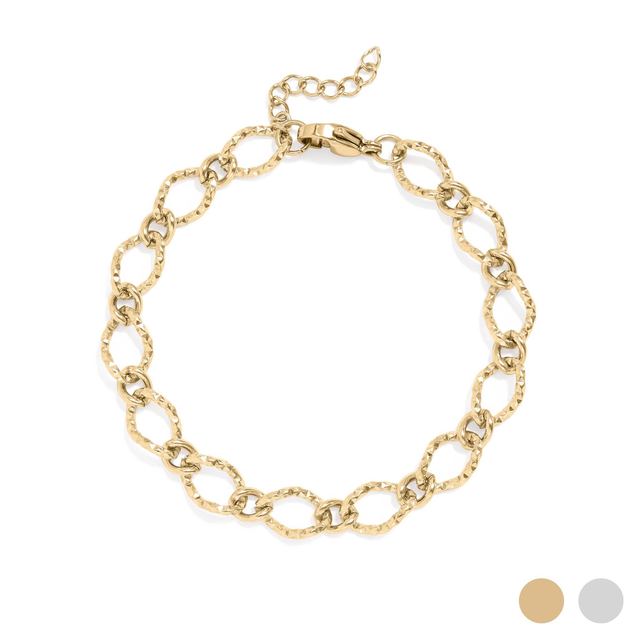 18K Gold PVD Stainless Steel Hammered Oval Chain Bracelet: Gold