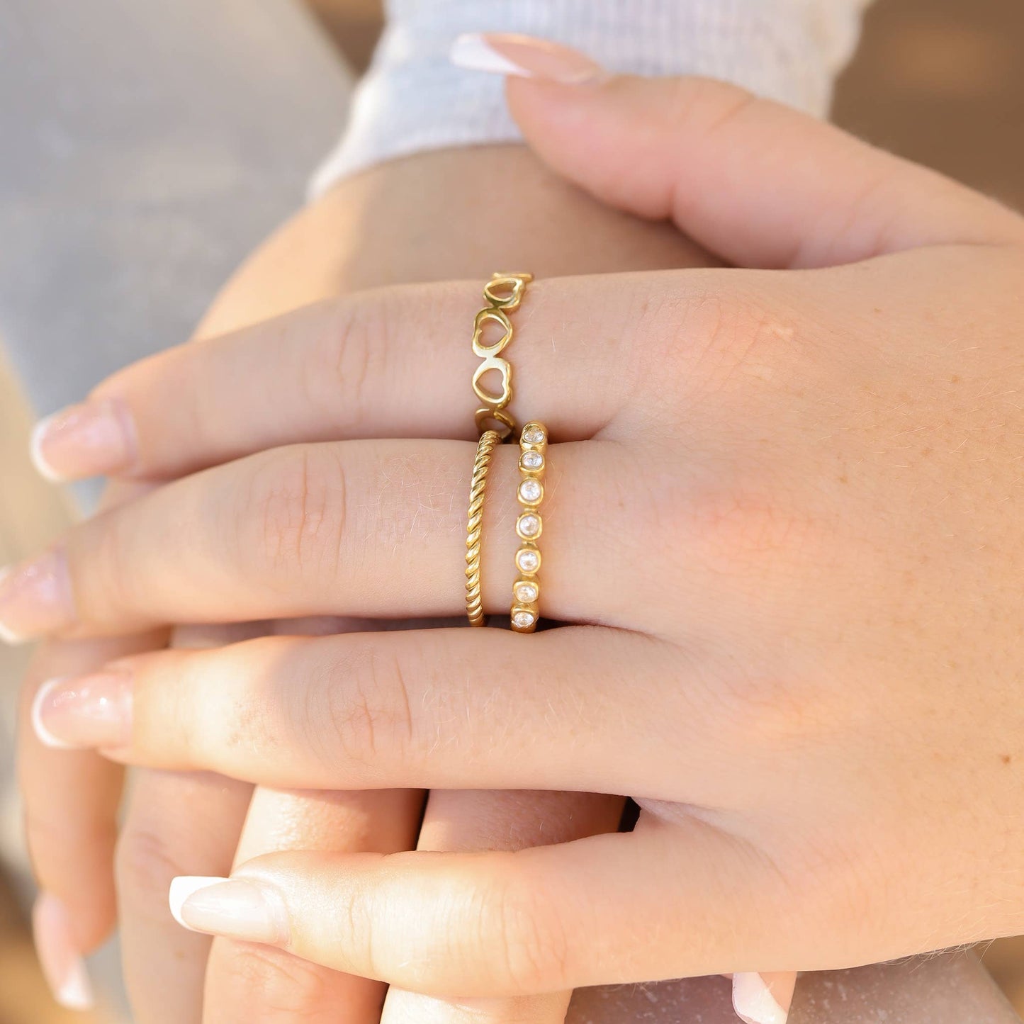 18k Gold PVD Coated Beaded Stainless Steel CZ Stacking Ring: Clear / 7