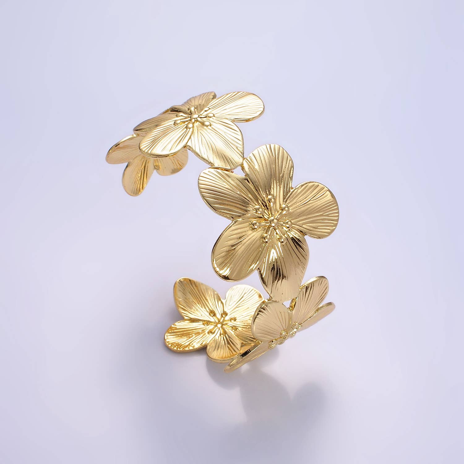 24K Gold Filled Wide Flower Cuff Bracelet | WA-2521