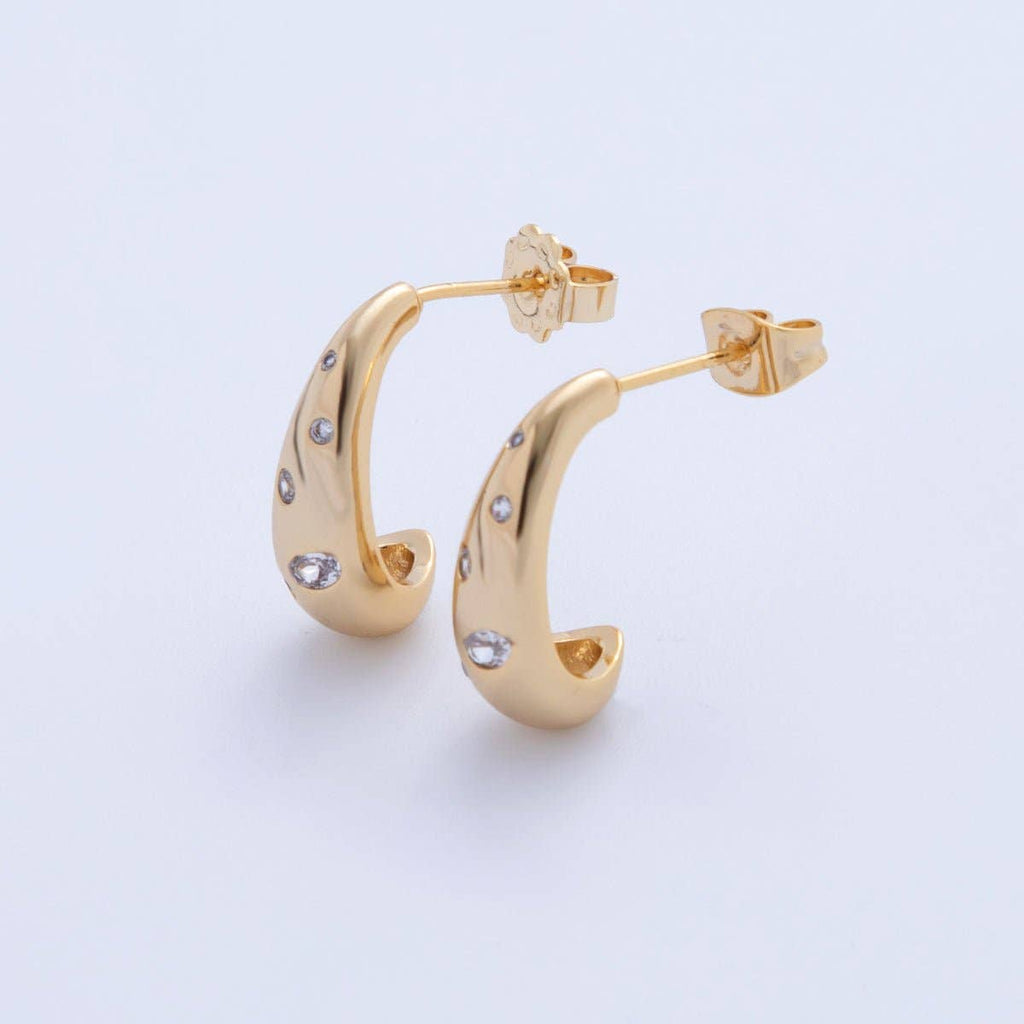 18K Gold Filled Clear CZ Dotted Dome J-Shaped Hoop Earrings | AI355