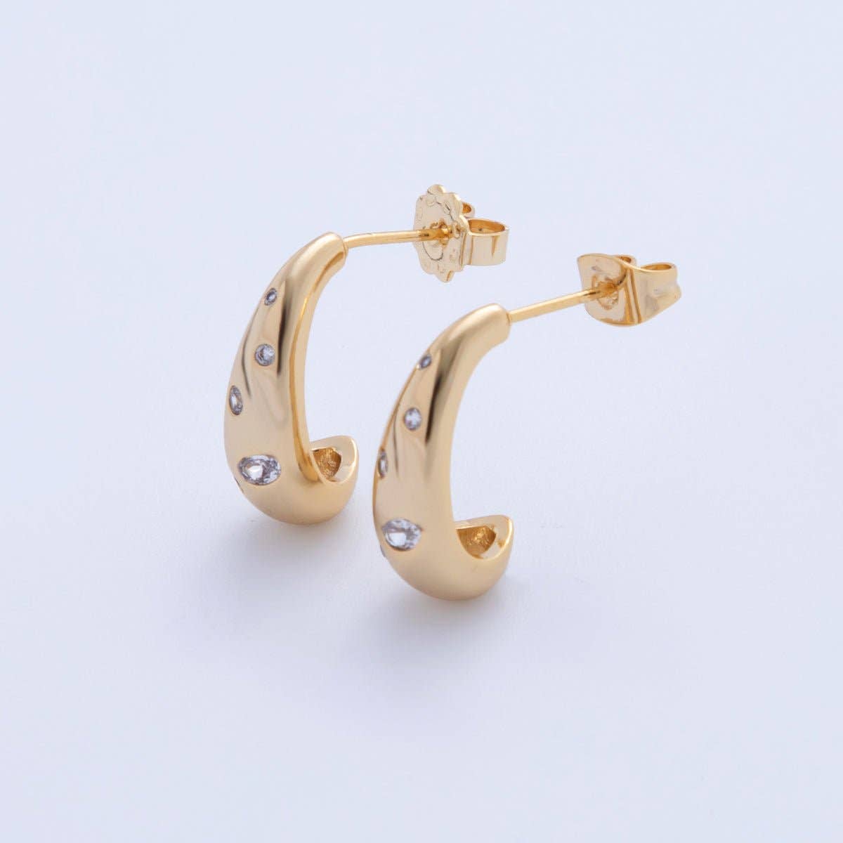 18K Gold Filled Clear CZ Dotted Dome J-Shaped Hoop Earrings | AI355