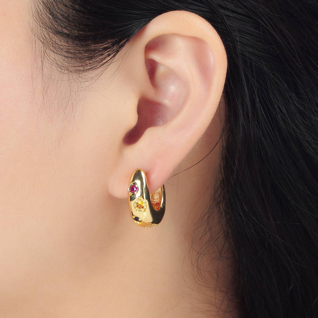 24K Gold Filled CZ Multicolor Geometric Huggies | AD757