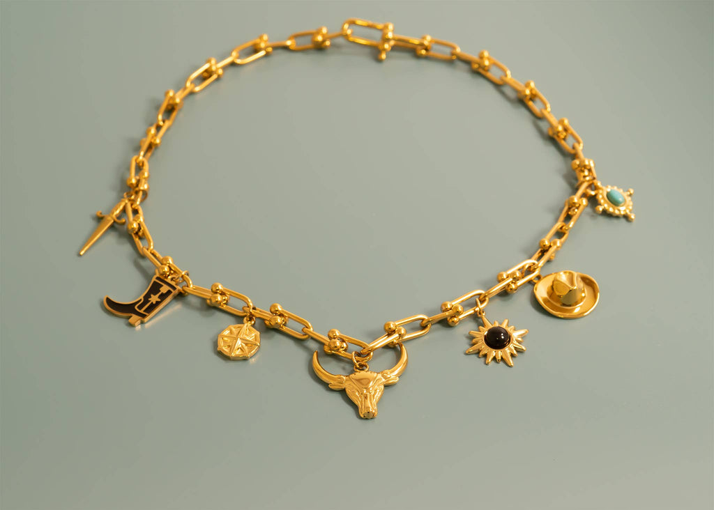 18K Gold PVD Stainless Steel Black Stone Sunflower Charm: Gold