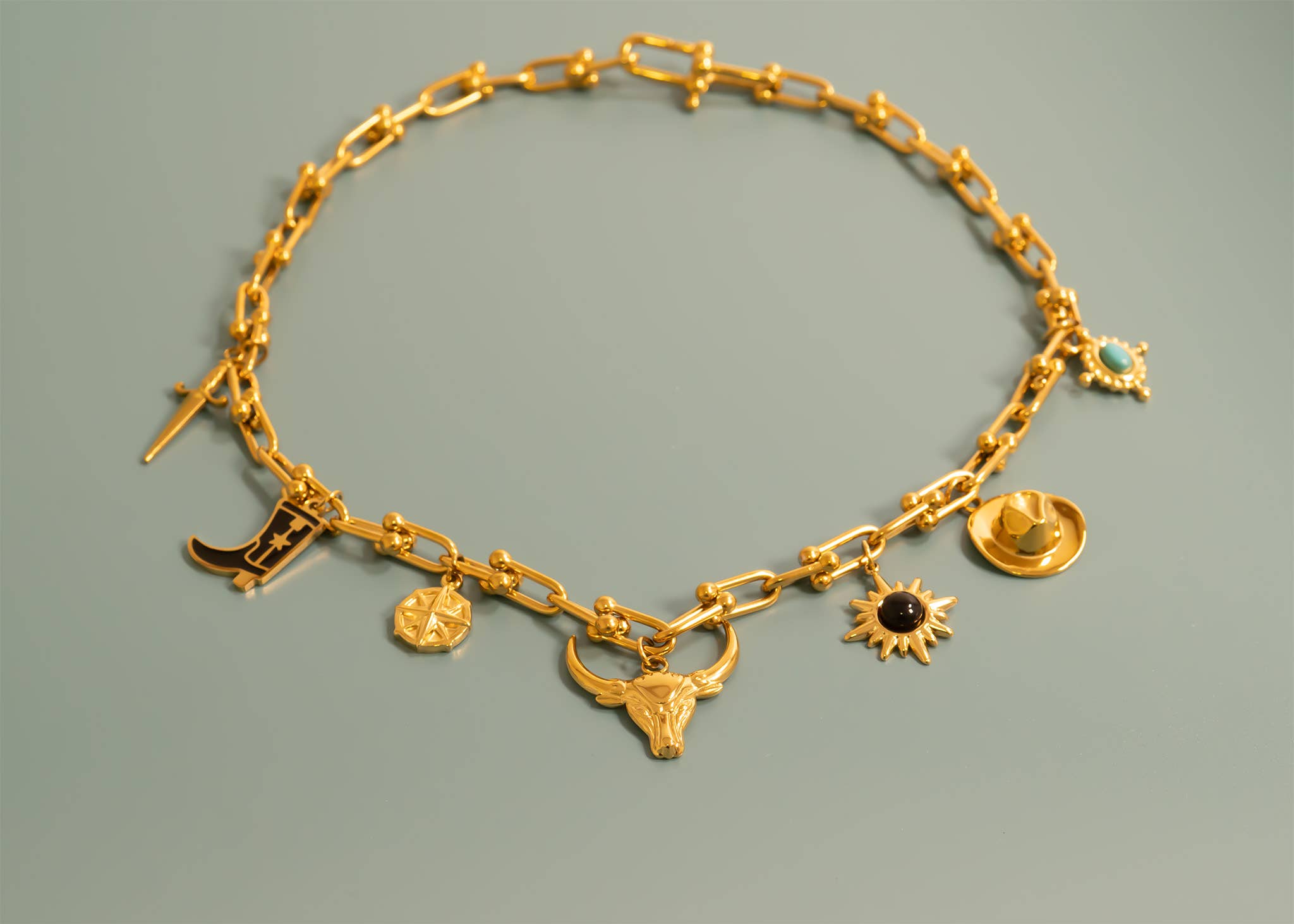 18K Gold PVD Stainless Steel Black Stone Sunflower Charm: Gold