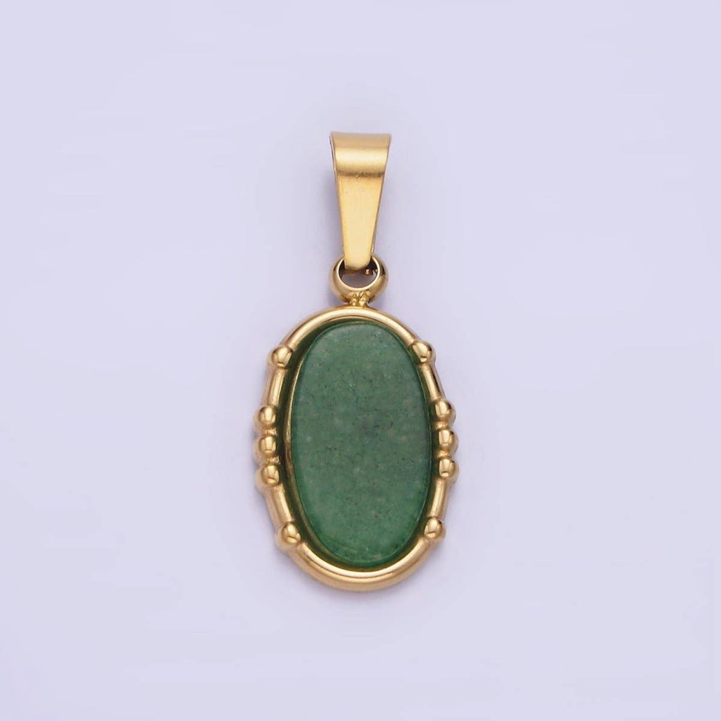 Oval Green Aventurine Pendant Natural Stone Waterproof Gold Stainless Steel Drop Pendant  P-1393