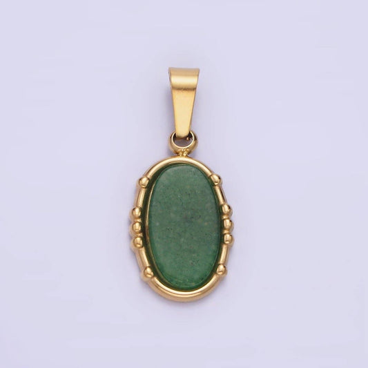 Oval Green Aventurine Pendant Natural Stone Waterproof Gold Stainless Steel Drop Pendant  P-1393