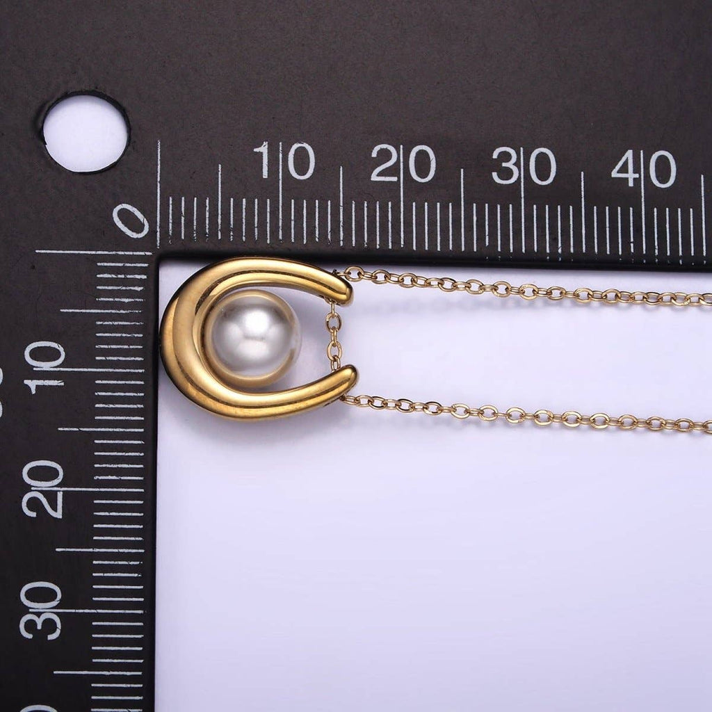 Stainless Steel Pearl Horseshoe Pendant Cable Chain 18 Inch Necklace w. 2 Inch Extender | WA-2546