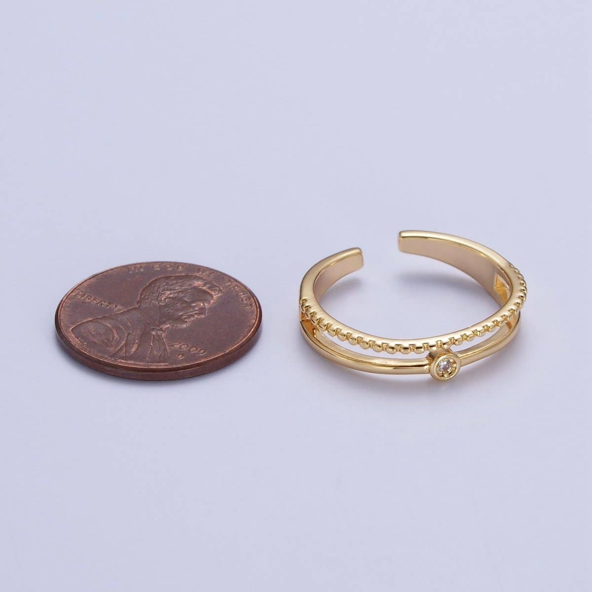 OS 24K Gold Filled Double Band Beaded & Clear Cubic Zirconia Stone Adjustable Gold Ring | U-030