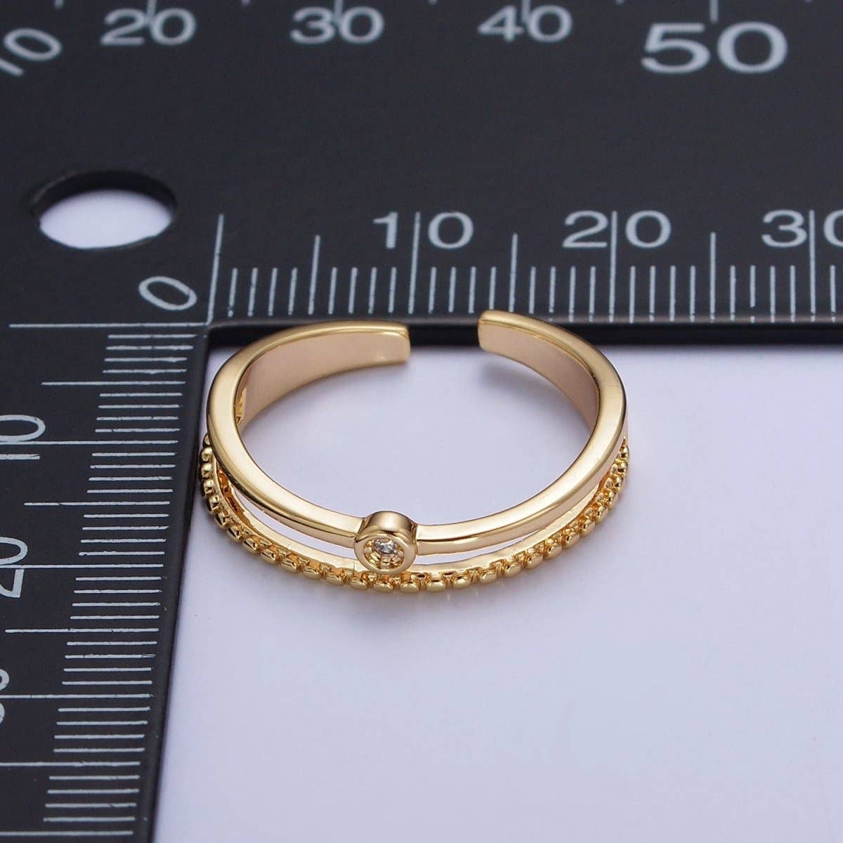 OS 24K Gold Filled Double Band Beaded & Clear Cubic Zirconia Stone Adjustable Gold Ring | U-030
