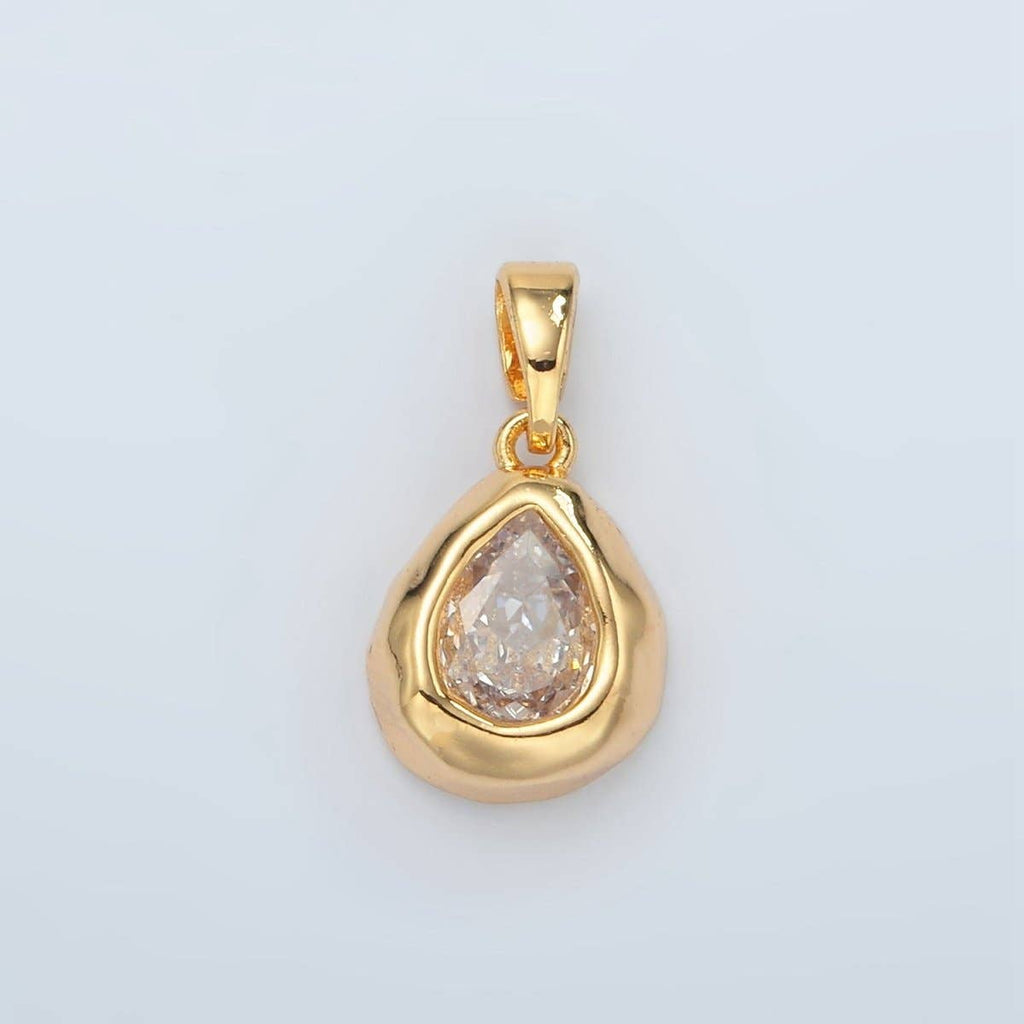 24K Gold Filled Clear CZ Teardrop Hammered Bezel Pendant | H515