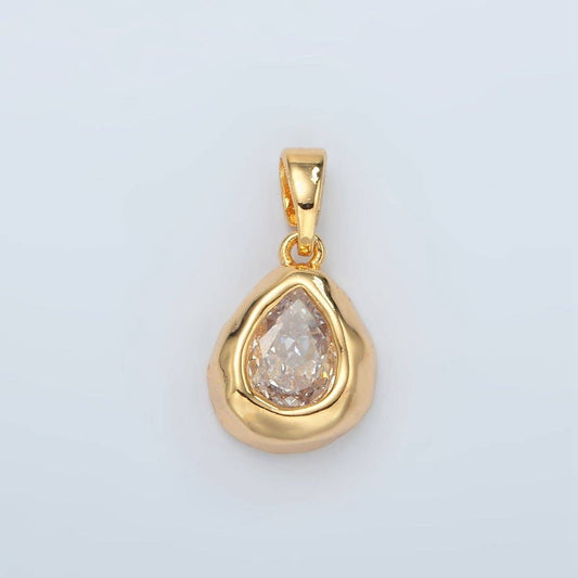 24K Gold Filled Clear CZ Teardrop Hammered Bezel Pendant | H515