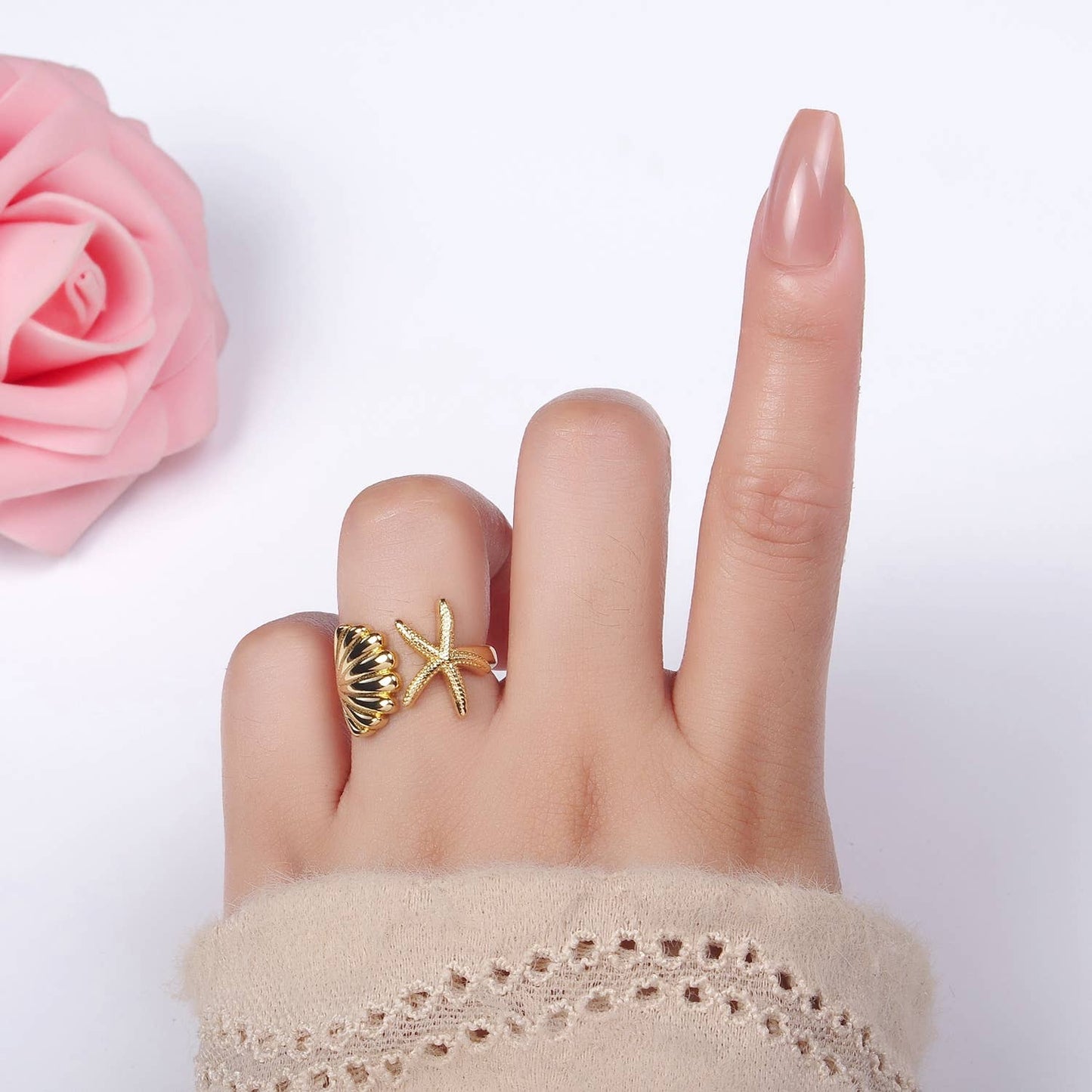 The Ariel Gold Clam Shell Star Fish Beach Adjustable Ring